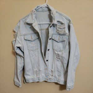 Shein white Denim Jacket Ripped raw Denim‎ front flap pockets M distressed y2k